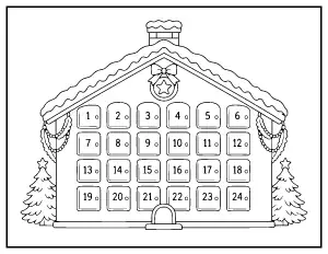 Christmas Advent Calendar House coloring page – printable line art