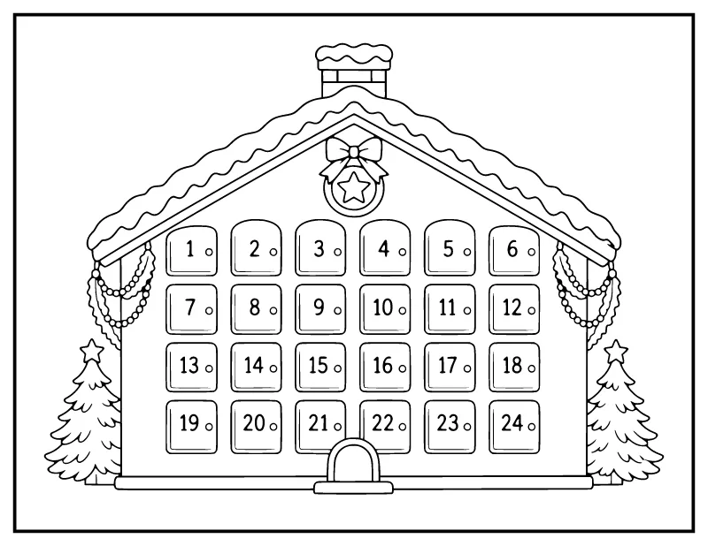 Christmas Advent Calendar House coloring page – printable black and white line art