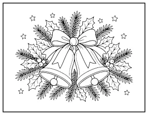 Christmas Bells with Ribbon and Holly coloring page – printable line art