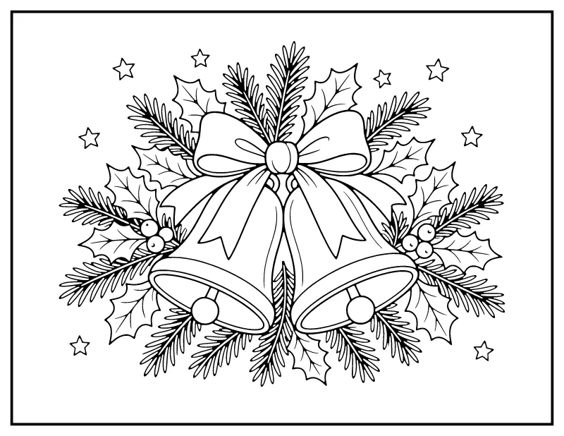 Christmas Bells with Ribbon and Holly coloring page – printable black and white line art