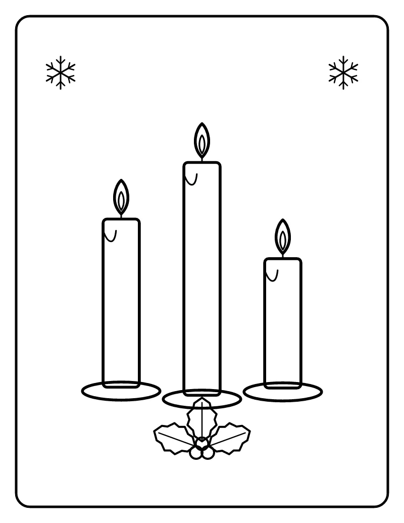 Christmas Candles with Holly coloring page – printable black and white line art