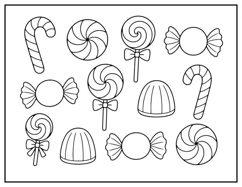 Christmas Candy Collection coloring page – printable black and white line art