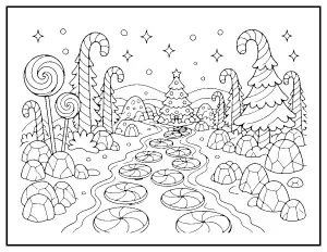 Christmas Candy Land Scene coloring page – printable line art