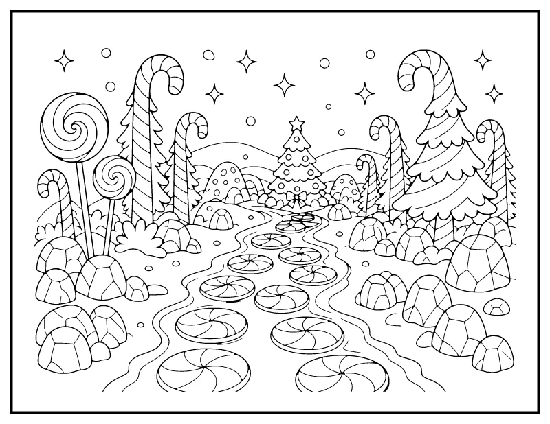 Christmas Candy Land Scene coloring page – printable black and white line art