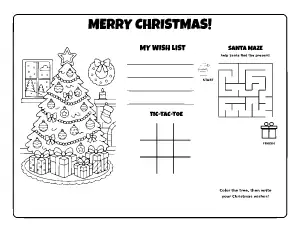 Christmas Coloring Placemat with Maze and Tic-Tac-Toe coloring page – printable line art