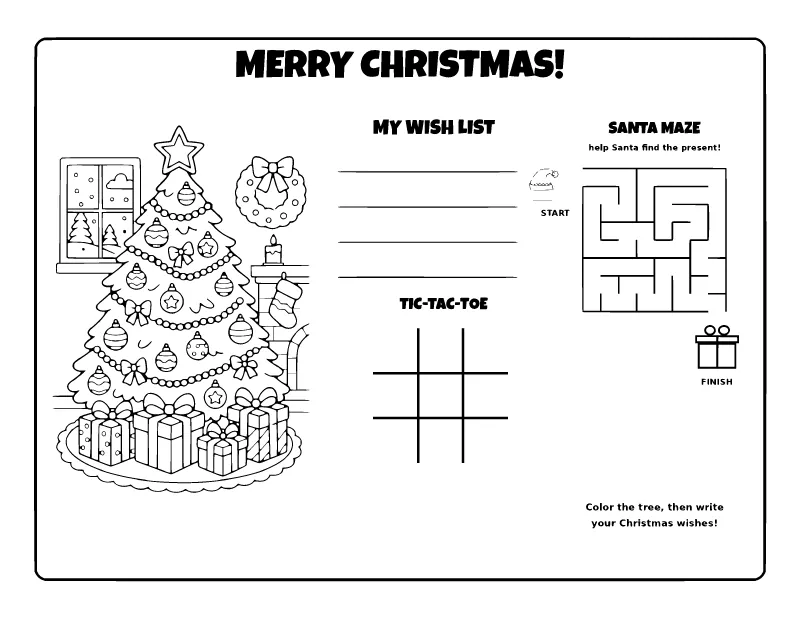 Christmas Coloring Placemat with Maze and Tic-Tac-Toe coloring page – printable black and white line art