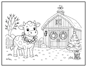 Christmas Cow with a Holly Wreath by the Barn coloring page – printable line art