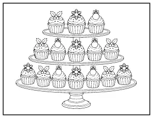 Christmas Cupcake Stand coloring page – printable line art