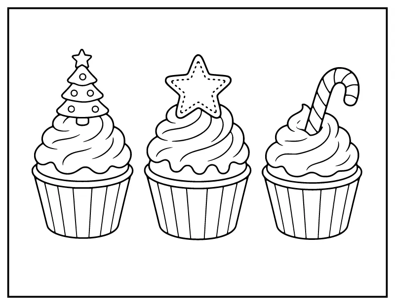 Three Christmas Cupcakes coloring page – printable black and white line art