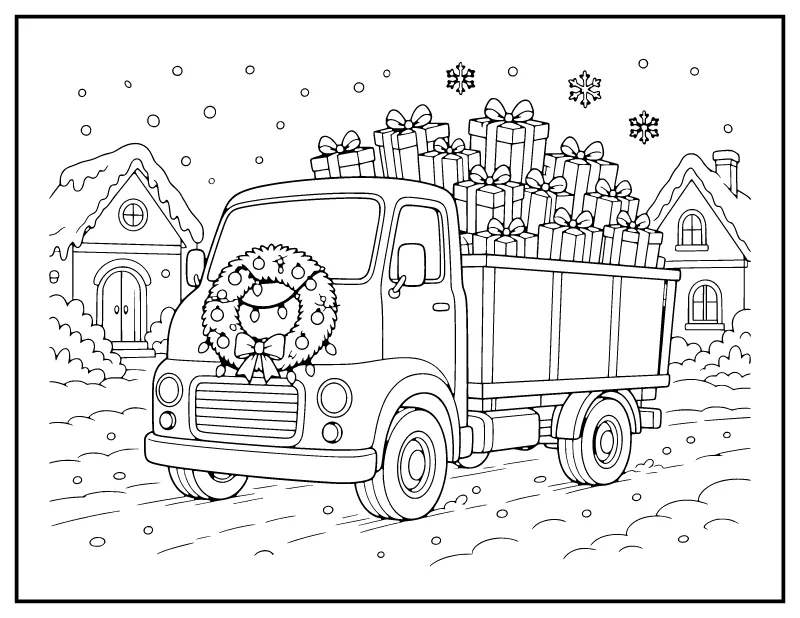 Christmas Delivery Truck Full of Presents coloring page – printable black and white line art