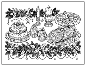 Detailed Christmas Dessert Table coloring page – printable line art