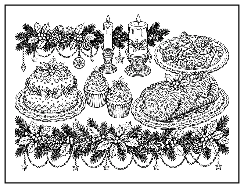Detailed Christmas Dessert Table coloring page – printable black and white line art