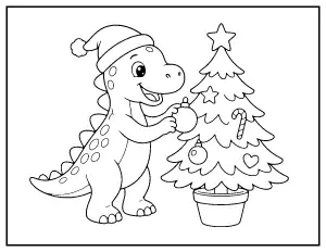 Christmas Dinosaur Decorating a Tree coloring page – printable line art