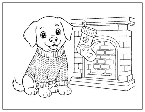 Christmas Dog in a Sweater by the Fireplace coloring page – printable line art