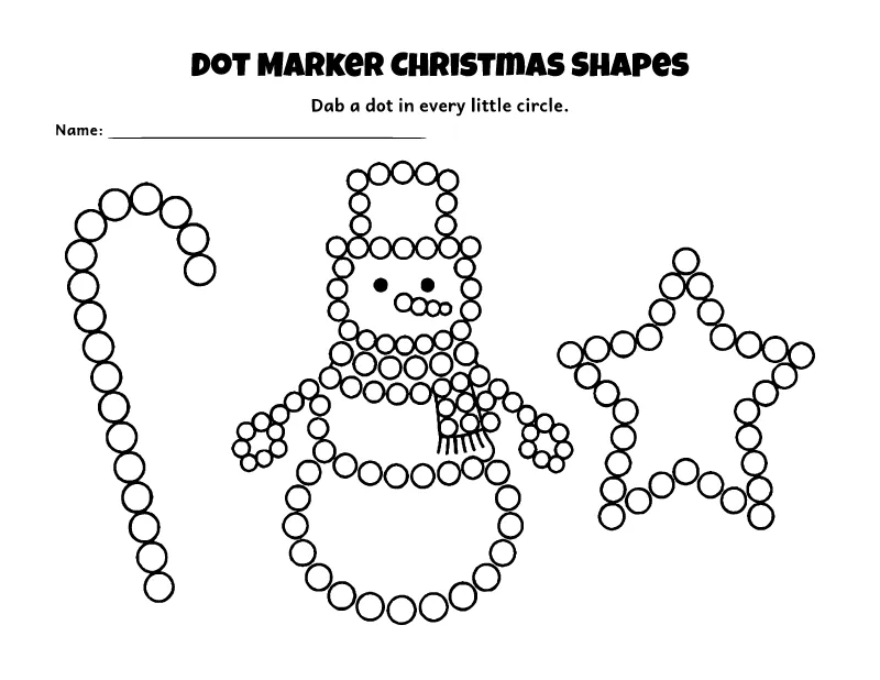 Dot Marker Candy Cane, Snowman and Star coloring page – printable black and white line art
