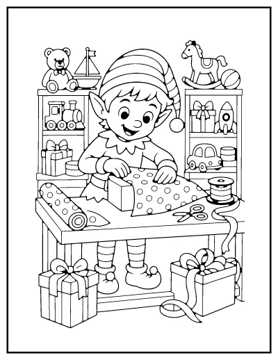 Christmas Elf Wrapping Gifts coloring page – printable line art