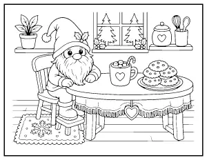Christmas Gnome with Cocoa and Cookies coloring page – printable line art
