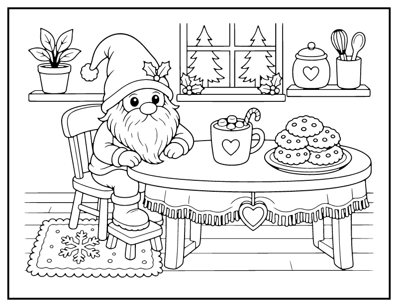 Christmas Gnome with Cocoa and Cookies coloring page – printable black and white line art