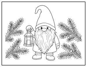 Christmas Gnome with a Lantern coloring page – printable line art