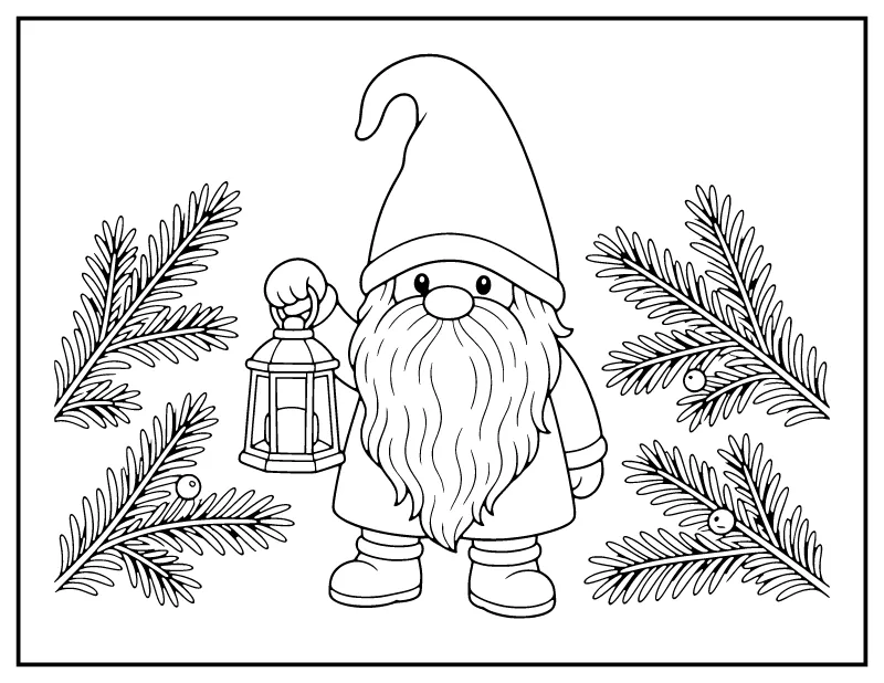 Christmas Gnome with a Lantern coloring page – printable black and white line art