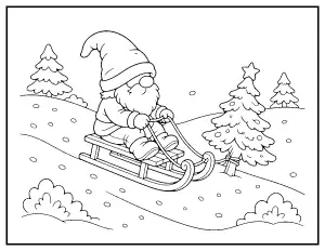 Christmas Gnome Sledding coloring page – printable line art