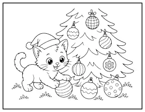 Christmas Kitten in a Santa Hat with Ornaments coloring page – printable line art