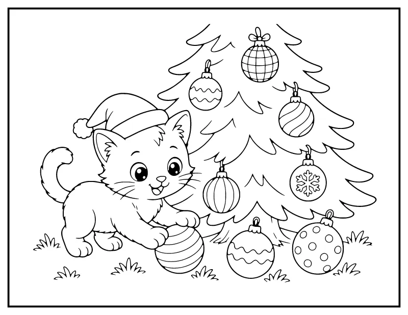 Christmas Kitten in a Santa Hat with Ornaments coloring page – printable black and white line art