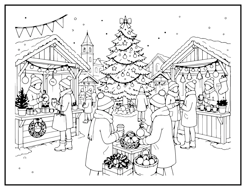 Christmas Market Stalls coloring page – printable black and white line art