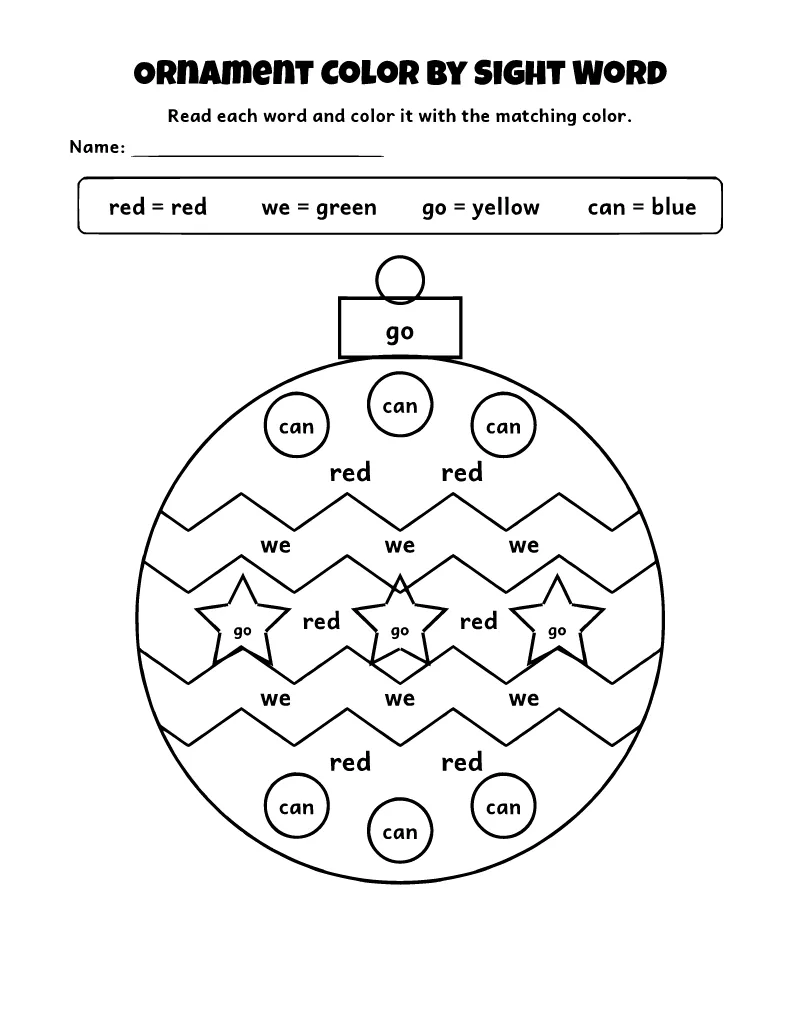Christmas Ornament Color by Sight Word coloring page – printable black and white line art