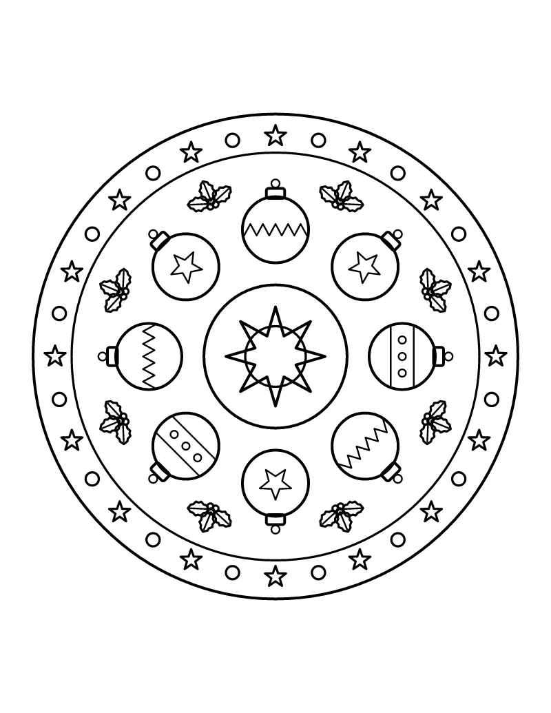 Christmas Ornament Mandala coloring page – printable black and white line art
