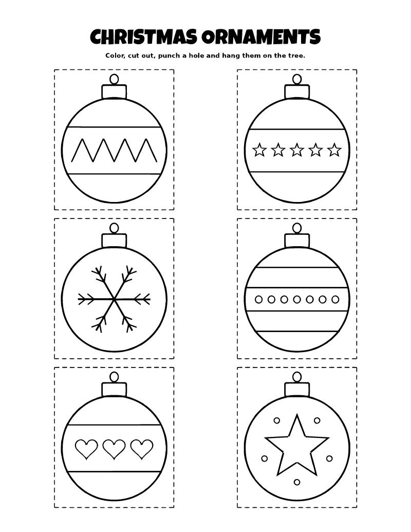Christmas Ornaments to Color and Cut Out coloring page – printable black and white line art