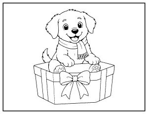 Christmas Puppy in a Gift Box coloring page – printable line art
