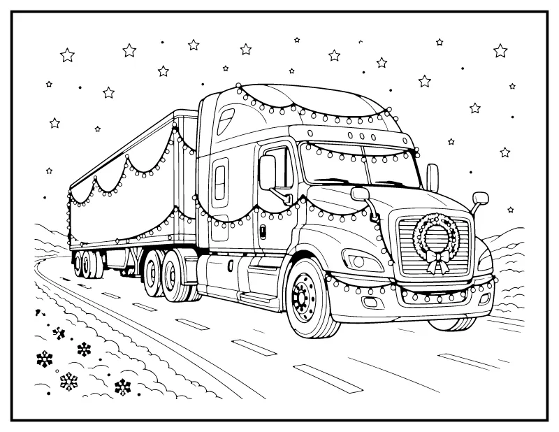 Christmas Semi Truck with Lights coloring page – printable black and white line art