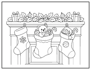 Christmas Stockings on the Fireplace Mantel coloring page – printable line art