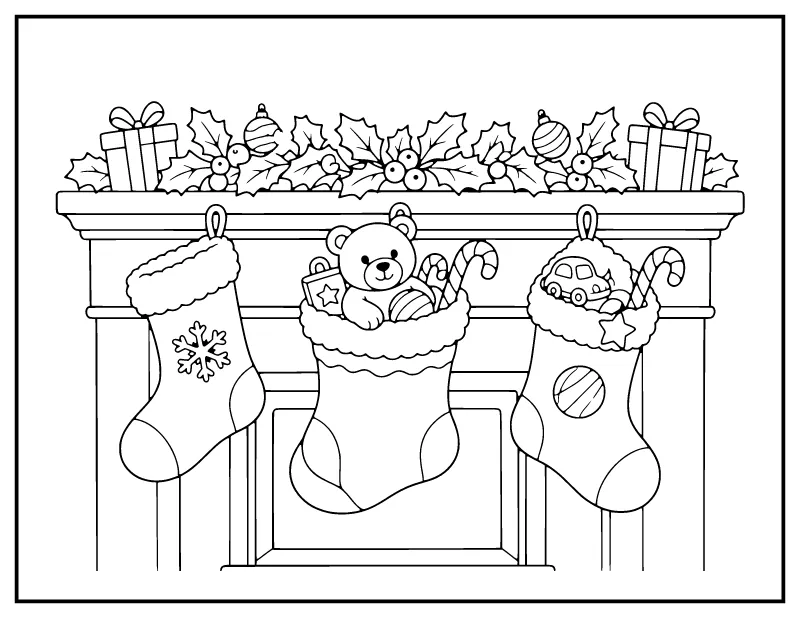 Christmas Stockings on the Fireplace Mantel coloring page – printable black and white line art