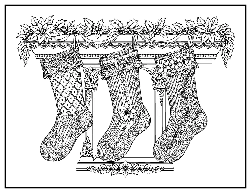 Detailed Christmas Stockings on the Mantel for Adults coloring page – printable black and white line art