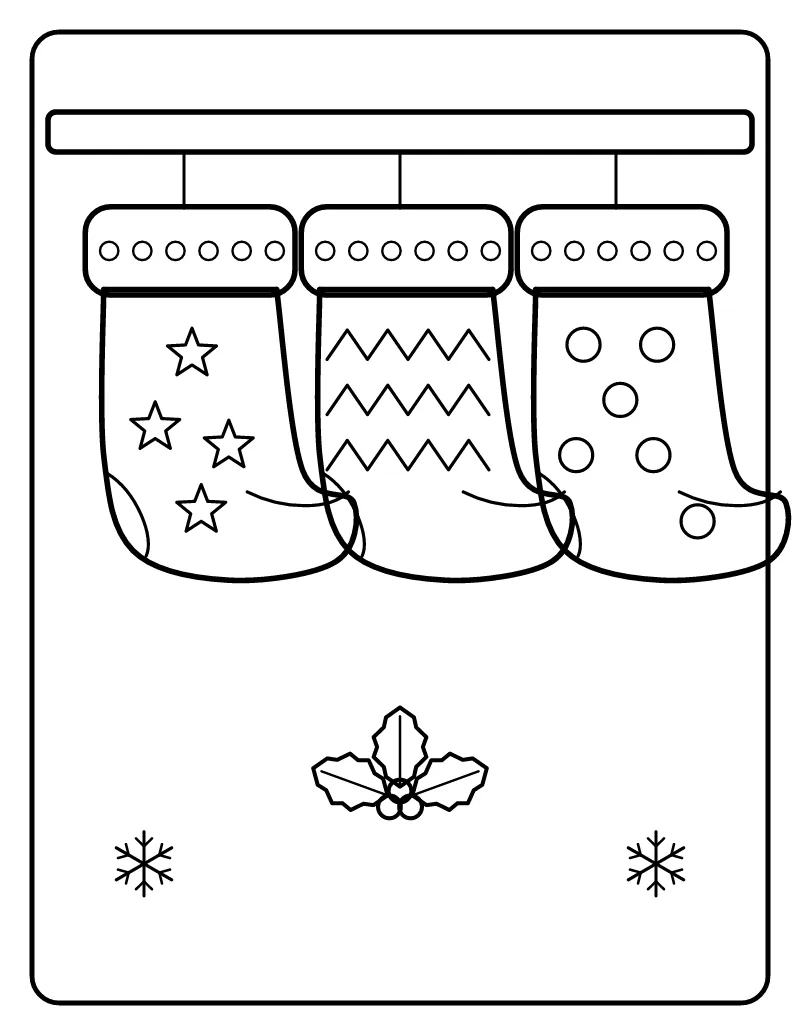 Christmas Stockings on the Mantel coloring page – printable black and white line art