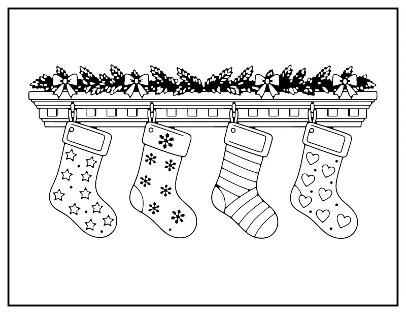 Christmas Stockings with Names coloring page – printable black and white line art