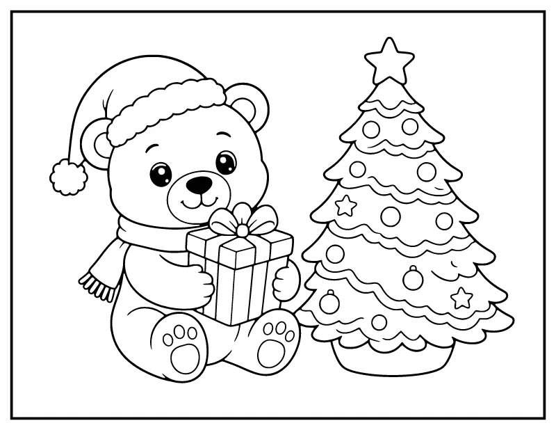 Christmas Teddy Bear in a Santa Hat coloring page – printable black and white line art