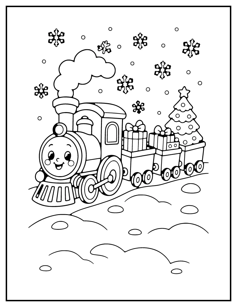 Christmas Train with Presents coloring page – printable black and white line art