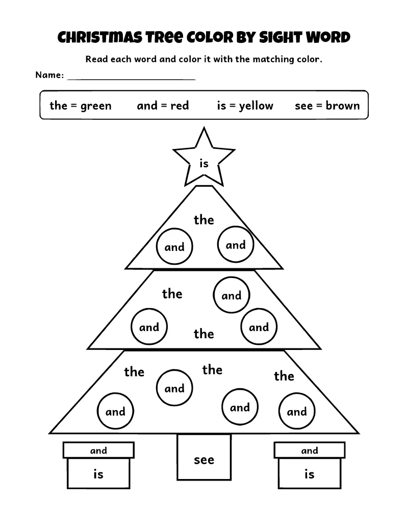 Christmas Tree Color by Sight Word coloring page – printable black and white line art