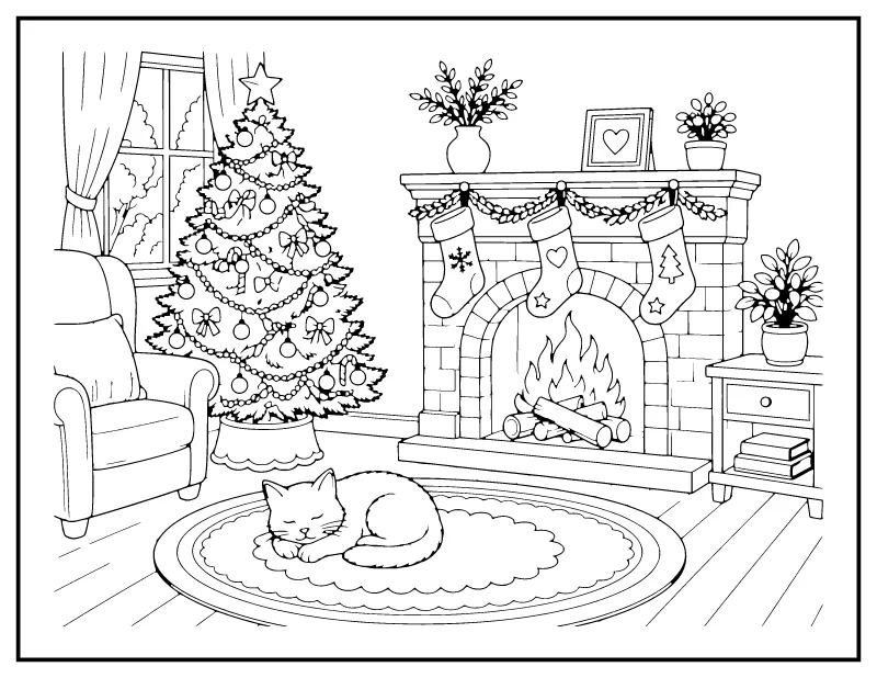 Christmas Tree by the Fireplace coloring page – printable black and white line art