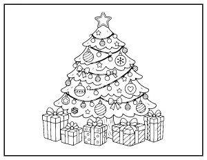 Christmas Tree with Ornaments and Presents coloring page – printable line art