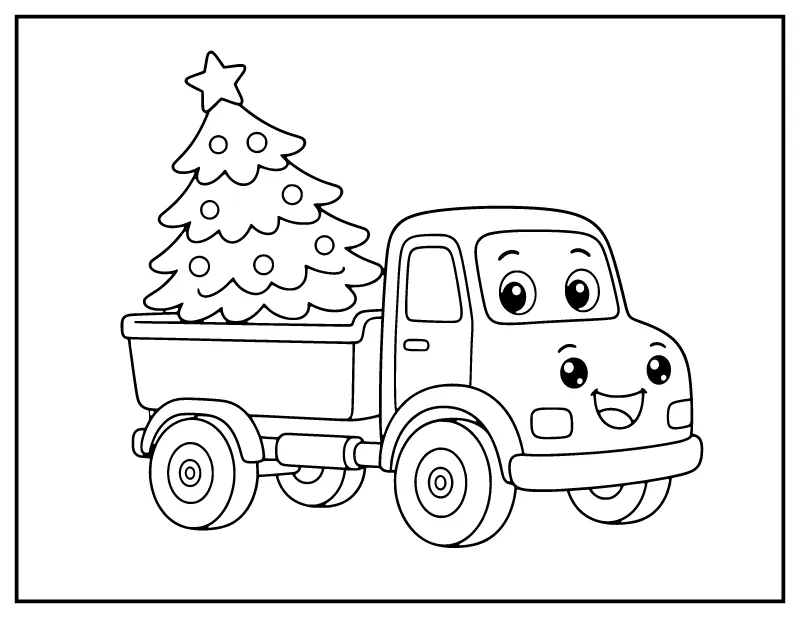 Easy Christmas Tree Truck coloring page – printable black and white line art