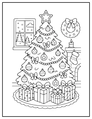 Christmas Tree with Presents coloring page – printable line art