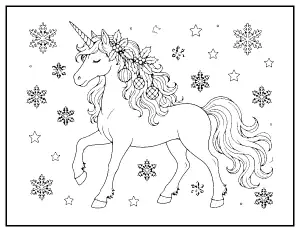 Christmas Unicorn with Holly and Snowflakes coloring page – printable line art