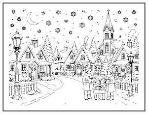 Christmas Village Street with Carolers coloring page – printable line art