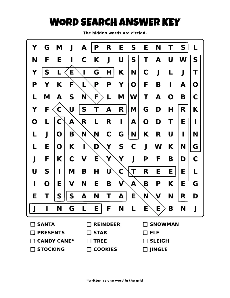 Christmas Word Search Answer Key coloring page – printable black and white line art