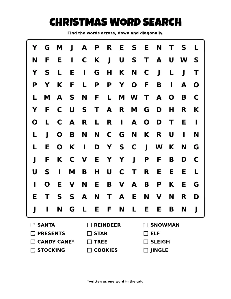 Christmas Word Search Printable coloring page – printable black and white line art