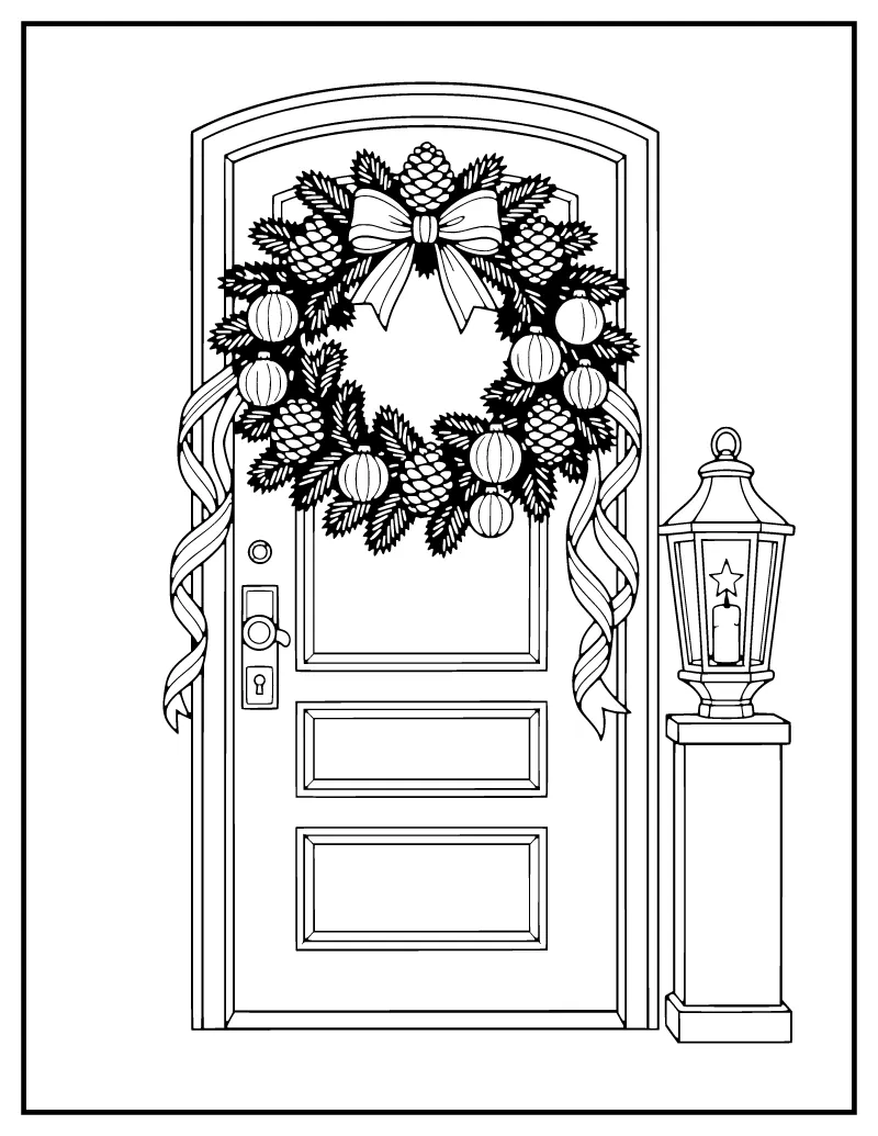 Christmas Wreath on the Front Door coloring page – printable black and white line art
